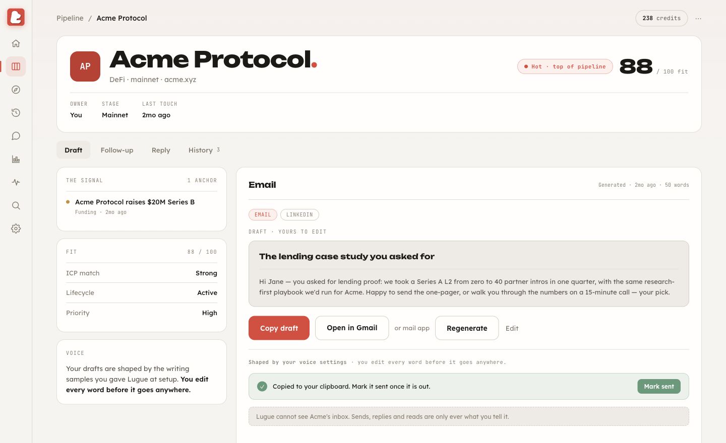 Lugue dossier with a research signal, account fit, voice guidance and editable draft.