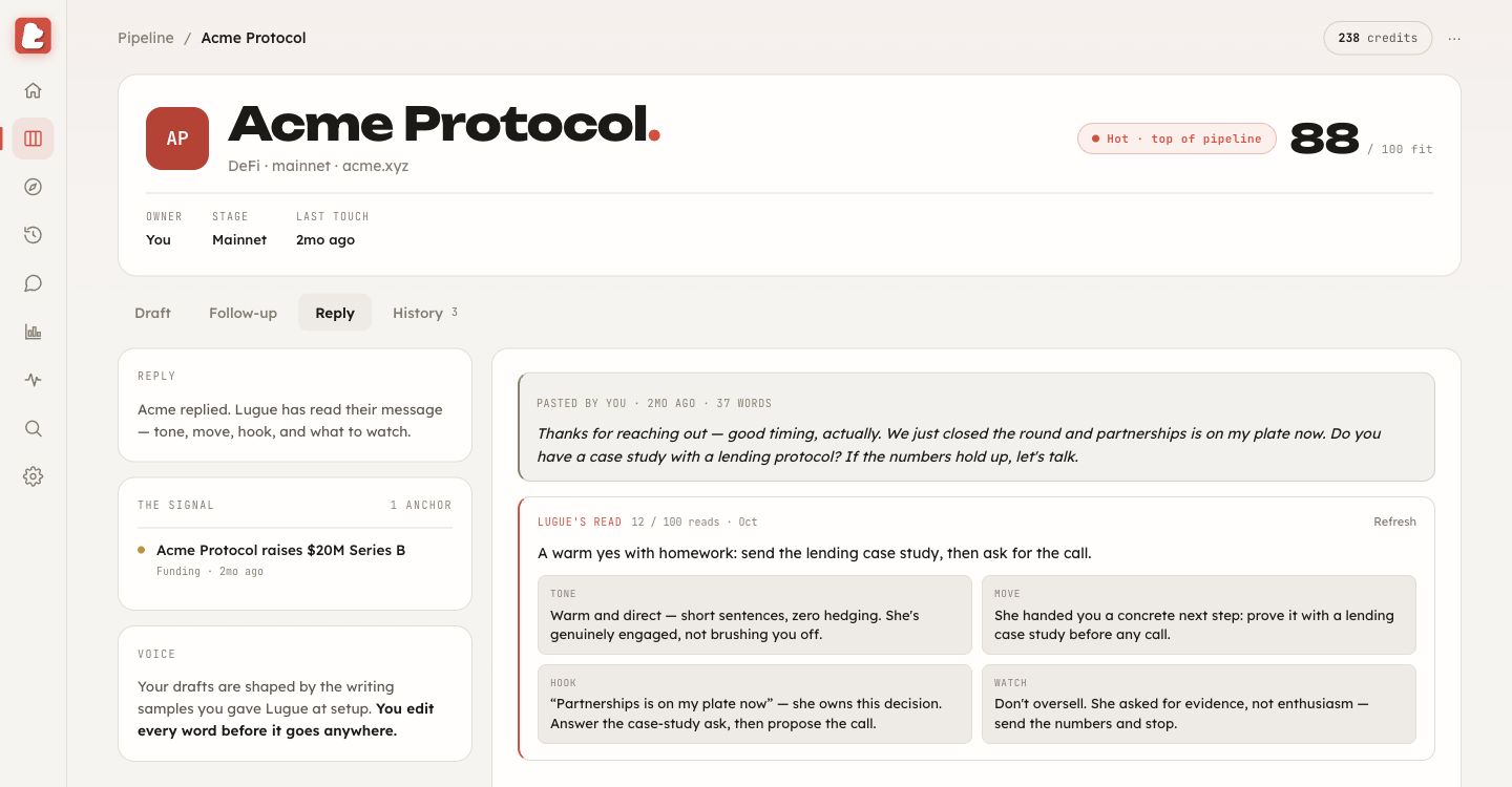 Lugue Reply tab with a user-pasted reply and analysis of tone, move, hook and watch.